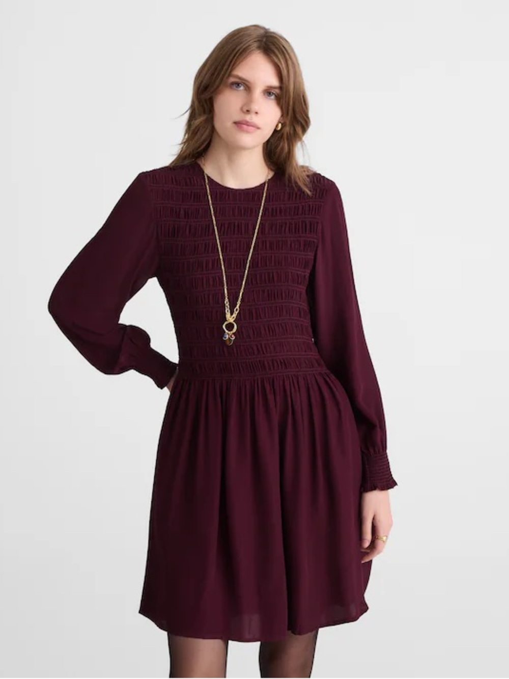 NWT Madewell Long-Sleeve Smocked Mini Dress Pomegranate Burgundy Small Preppy
